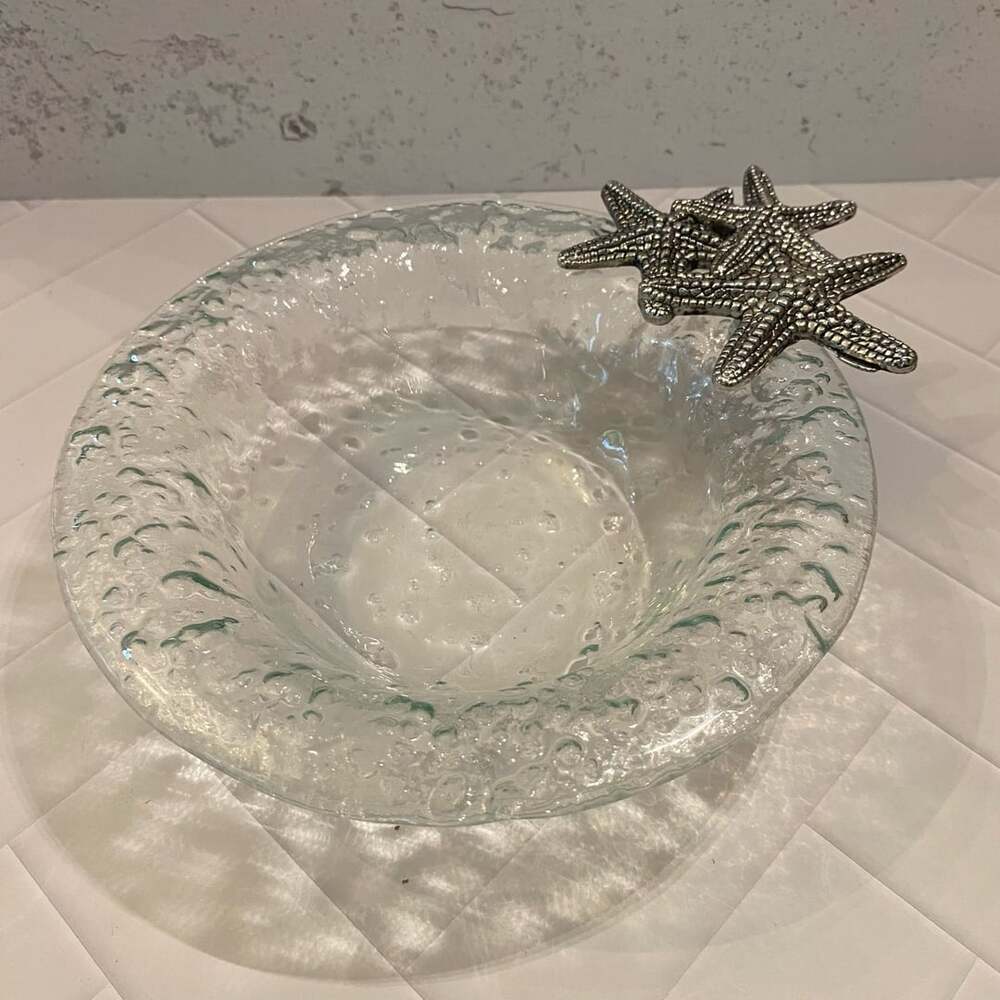 Pier 1 Clear Pebble Glass Bowl With Silver Tone Starfish Nautical Decor